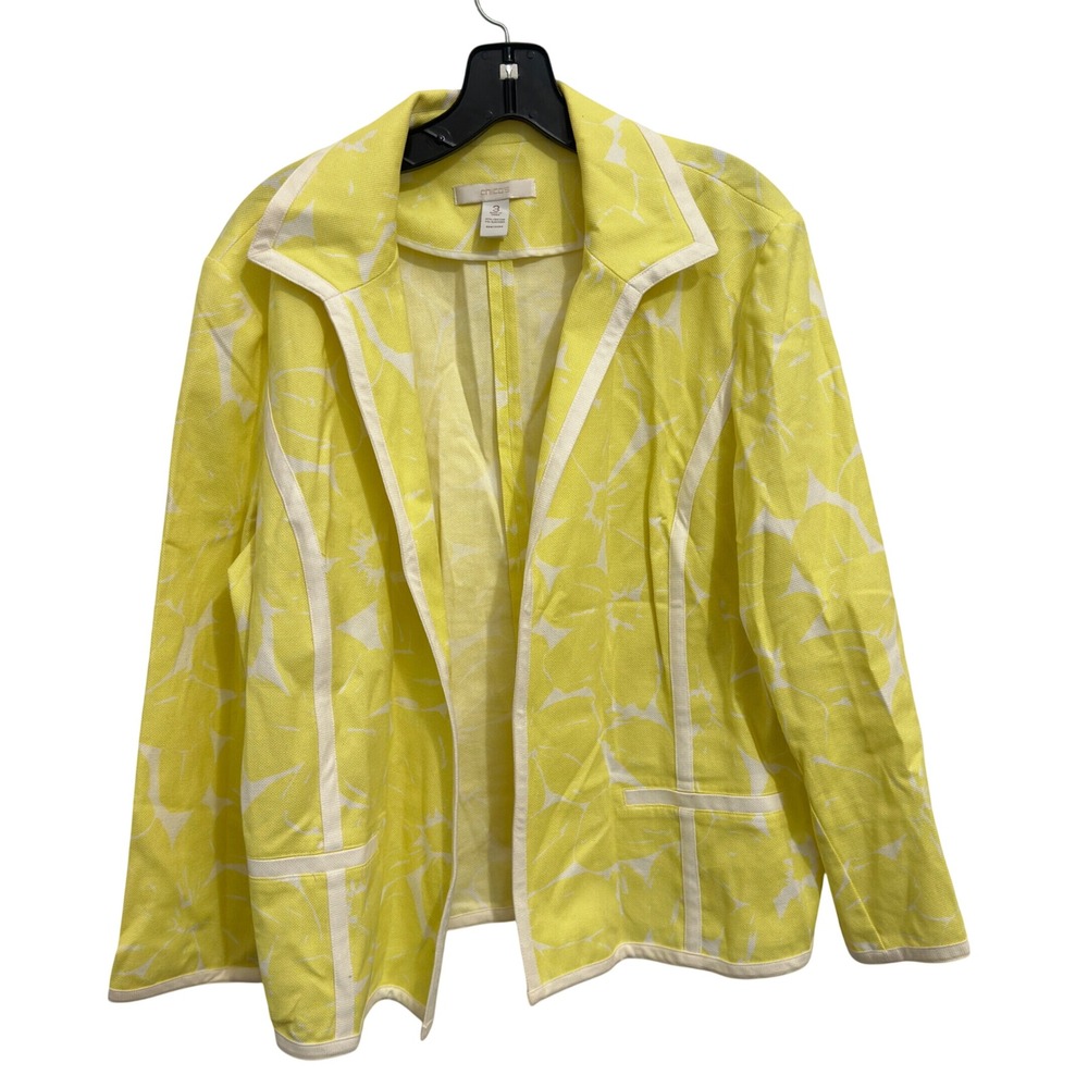 Chico's Blazer Jacket Yellow White Floral Cotton Pique Contrast Trim Size 3 L/XL